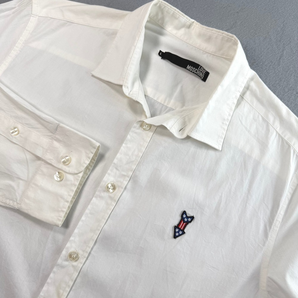 Love Moschino White Button Down Shirt Mens Large Embroidered Arrow Patch Luxe